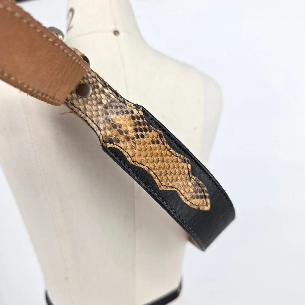 Vintage Western Black Leather Snakeskin Inlay Belt Made in USA Size 28 GL53772